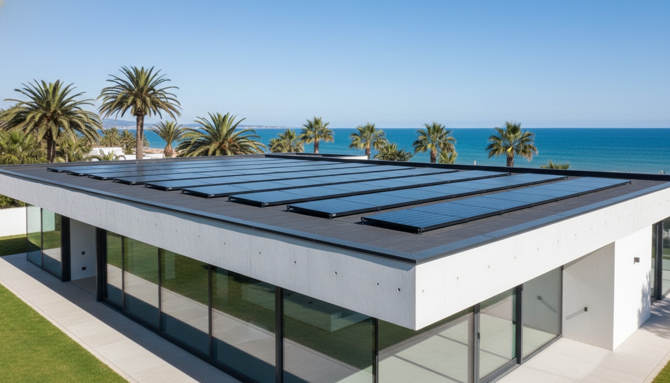 Flat plate solar collectors on a flat roof in a warm coastal climate for solar hot water applications